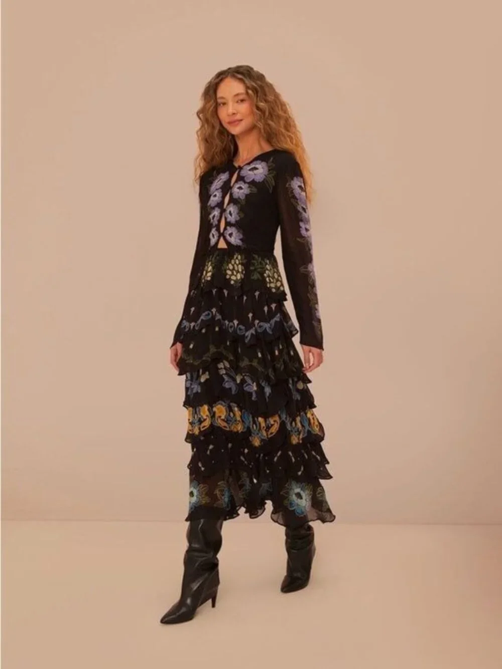 NWT Farm Rio Black Winter Garden Ruffle Maxi Dress LARGE Floral Embroidered NEW - Picture 2 of 12